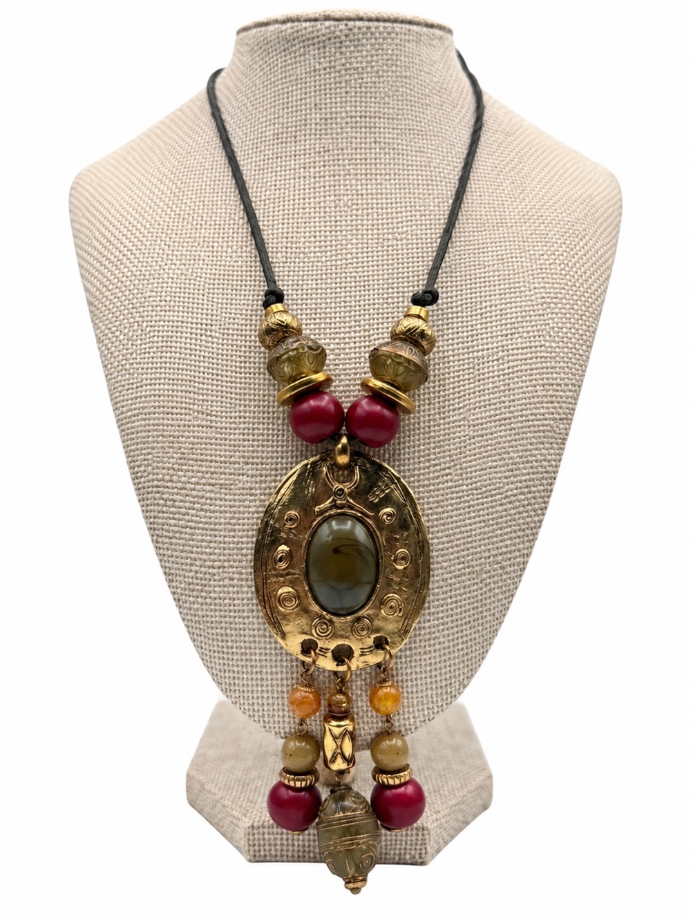 Handcrafted Gold-Tone Pendant Necklace with Red and Amber Beads